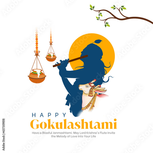 Leinwand Poster Janmashtami or Gokulashtami festival vector with Lord Krishna playing flute vect