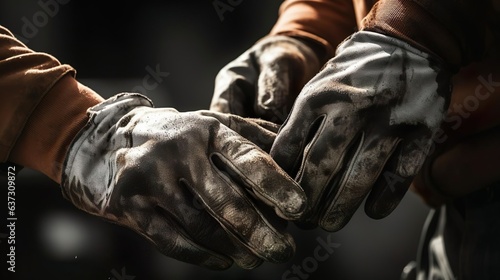 Hands of a working man putting on work gloves.