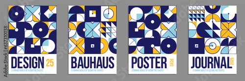 Abstract geometric posters and covers set, vector background pattern magazine or catalog templates, technic style geometric shapes composition.