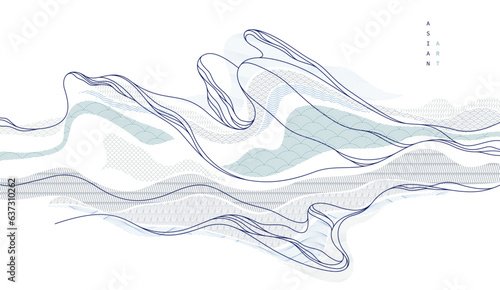 Abstract oriental Japanese art vector background, traditional style design, wavy shapes and mountains terrain landscape, runny like sea lines.