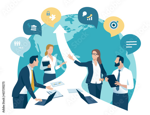 Global trade, investing. The business team stands at a table in the shape of an rising arrow and discusses strategy and global growth goals.. Business vector illustration. 