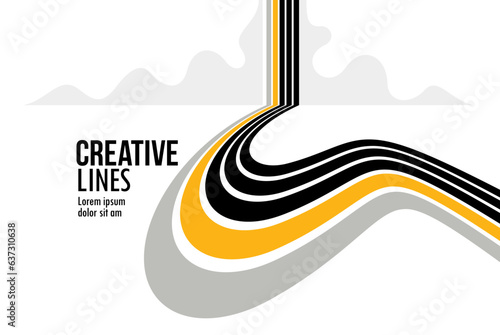 Linear composition vector road to horizon, abstract background with lines in 3D perspective, optical illusion op art, black and yellow colors.