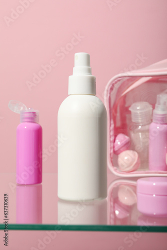 Cosmetic case with hygiene products in the bathroom. © Atlas
