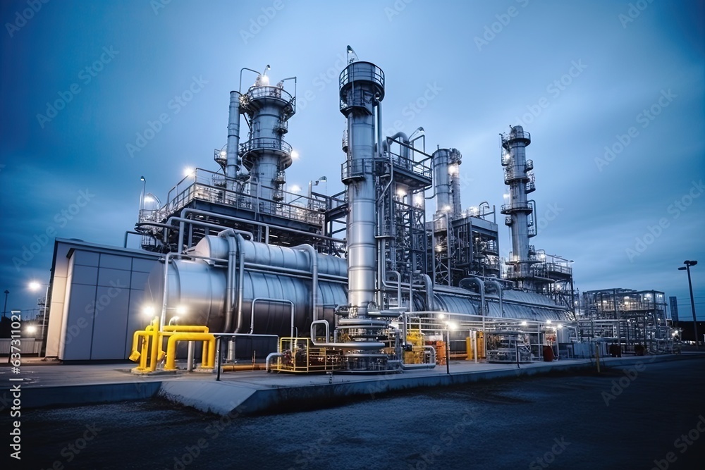 Obraz premium modern petrochemical plant with reactors and converters under heavy sky with copy space