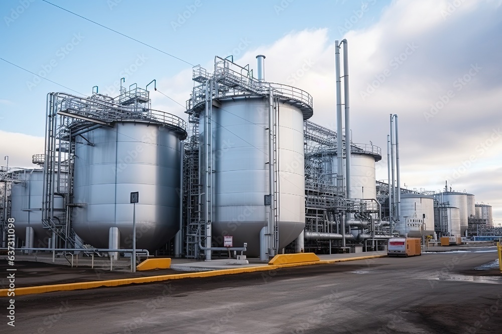 Obraz premium modern petrochemical plant with reactors and converters under heavy sky with copy space