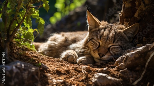 resting lynx camouflaged in rocky forest terrain