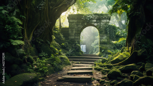 Fotografia Stone archway in the middle of a forest. Generative Ai
