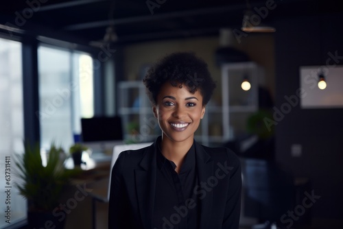 Happy Young Woman Smiling in Modern Office. Young Worker Glad to be on Her Workplace.