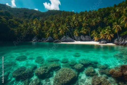 tropical island, surrounded by crystal-clear water