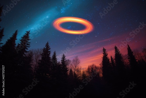 glowing frisbee soaring through night sky photo