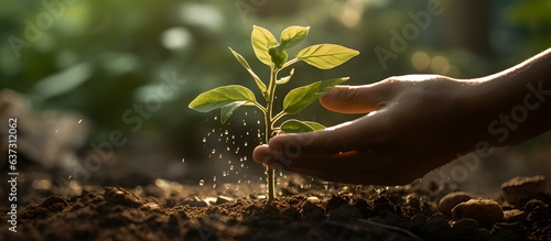 Leben spendende Geste: Gießen einer grünen Pflanze von Hand photo
