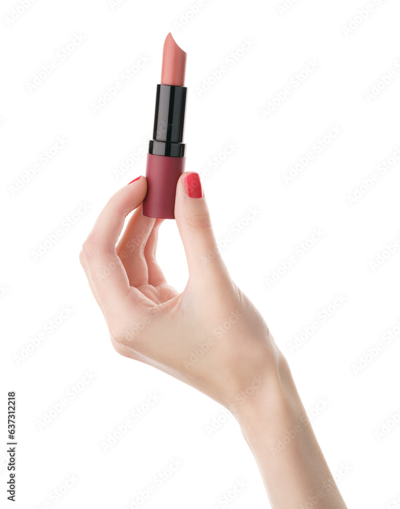 Lipstick in hand over white background. Woman Hand With Red Nails Holding Lipstick. Close Up Of Female Hand With Smooth Soft Skin And Bright Color Nail Polish Holding Lipstick On White Background. Lipstick in hand over white background. Woman Hand With Red Nails Holding Lipstick. Close Up Of Female Hand With Smooth Soft Skin And Bright Color Nail Polish Holding Lipstick On White Background.