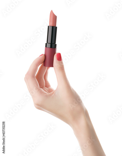 Lipstick in hand over white background. Woman Hand With Red Nails Holding Lipstick. Close Up Of Female Hand With Smooth Soft Skin And Bright Color Nail Polish Holding Lipstick On White Background. 