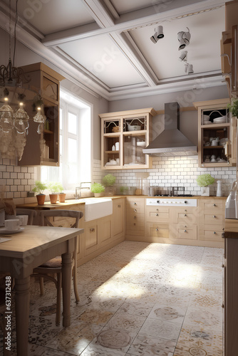 Provance style kitchen interior in luxury house. Generative AI content