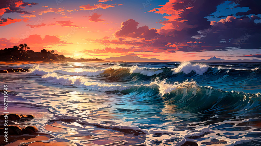 coastal landscape, showcasing a rugged shoreline, crashing waves, and the ethereal colors of a sun setting over the horizon.