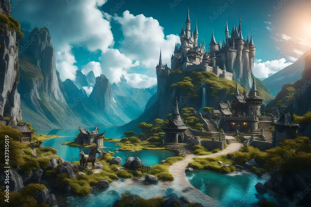 fantasy landscape, with unicorns and dragons