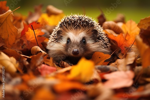 Igel im Laub. Herbst Hintergrundbild mit Tieren. Ein Igel am Waldboden schreitet durch einen mit Blättern bedekten Boden. photo