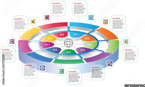 Infographic 3d circle elements design. Business infographic, modern infographic design template. Presentation business infographic template with 9 options or nine steps.