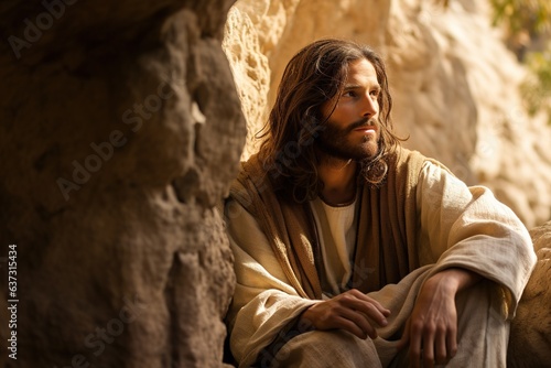 Jesus zu Weihnachten oder Ostern. Geschichte mit Jesus. Beten, predigen und Ruhe ausstrahlen an Orten wie Jerusalem. Erwachsener Jesus Charakter. 