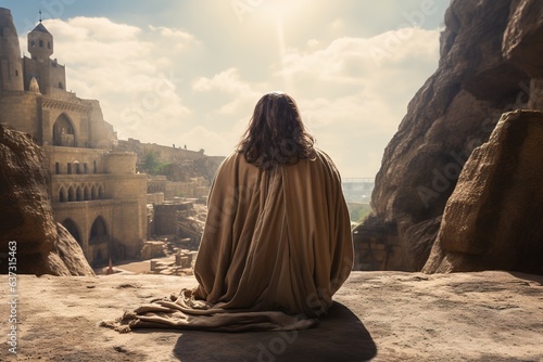 Jesus zu Weihnachten oder Ostern. Geschichte mit Jesus. Beten, predigen und Ruhe ausstrahlen an Orten wie Jerusalem. Erwachsener Jesus Charakter. 