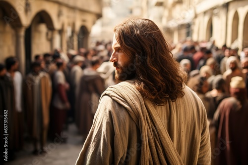 Jesus zu Weihnachten oder Ostern. Geschichte mit Jesus. Beten, predigen und Ruhe ausstrahlen an Orten wie Jerusalem. Erwachsener Jesus Charakter.  