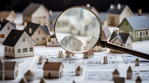 Searching new house for purchase.Looking for real estate agency, Rental housing market. Magnifying glass near residential building