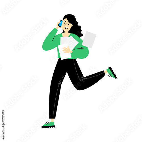 The girl runs to a business meeting, office life, analysis, strategy. Flat design vector illustration.