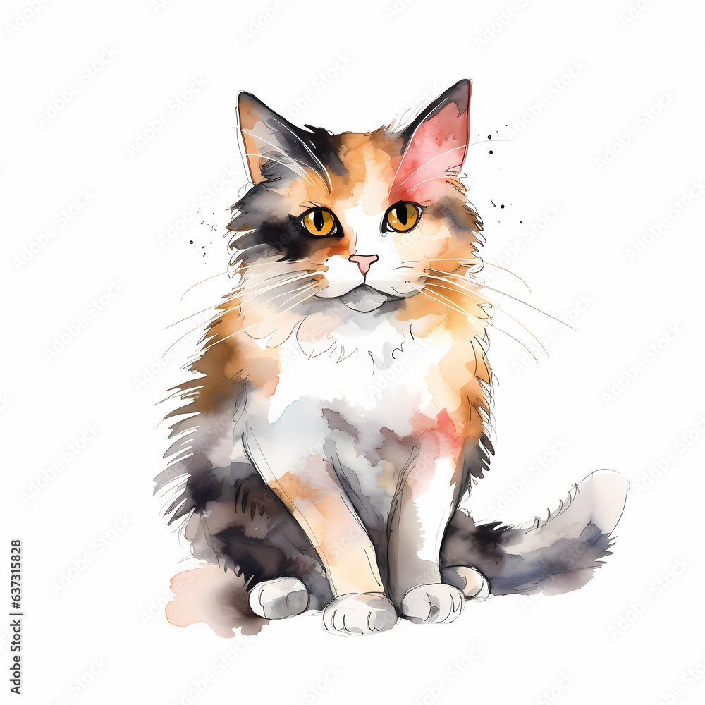 Cute cat . Watercolor hand drawn illustration