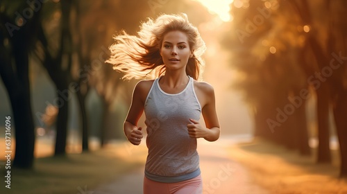 A sporty woman running in the park in the morning.