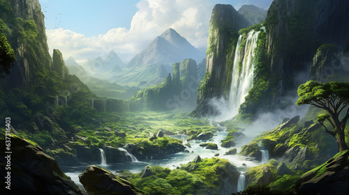 Waterfall in the mountains.Generative Ai