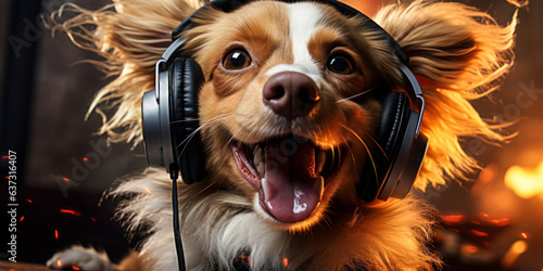 Pet Leisure: Happy Dog Enjoying Music through Headphones