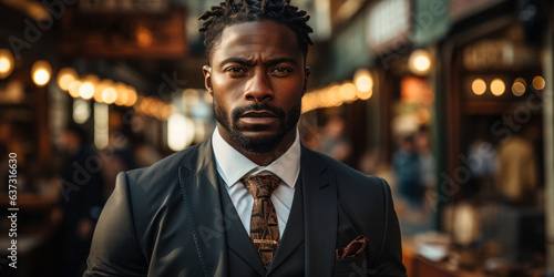 Confident and Powerful: An Afro American Businessman in Suit: A photo of an afro american businessman looking confident and powerful in a suit, symbolizing the power and determination of black people