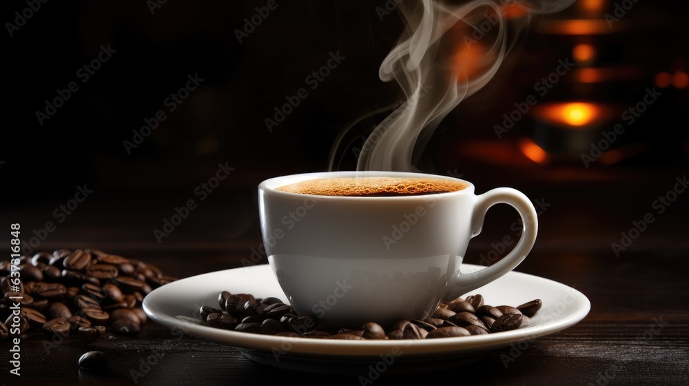 International Coffee Day. An image of a fragrant cup of coffee with scattered roasted beans on the table. International Coffee Day. An image of a fragrant cup of coffee with scattered roasted beans on the table.