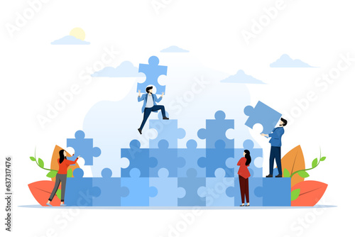 The concept of teamwork in business. Team metaphor solves problems. people connecting puzzle elements. Teamwork symbol, cooperation, partnership vector. flat vector illustration on background.
