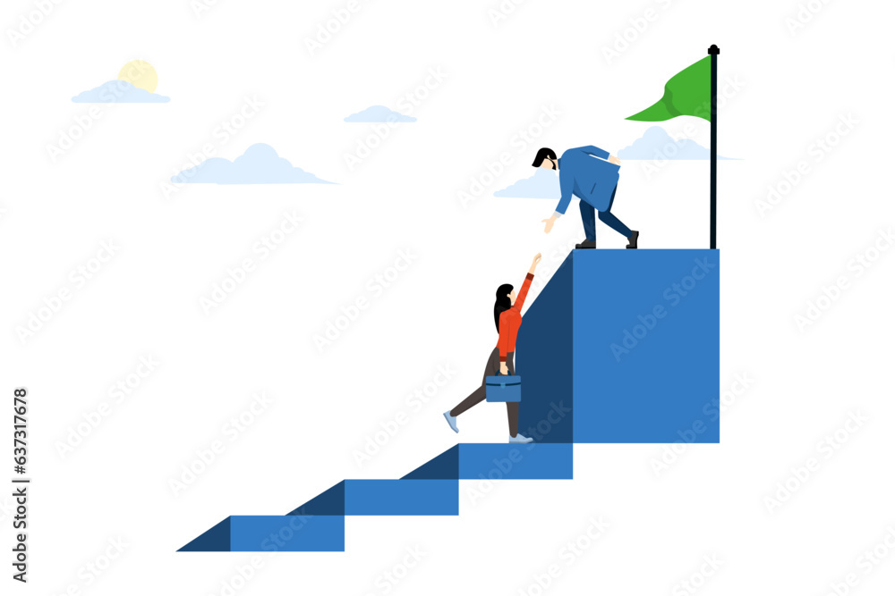 Concept of Mentor or business leader helping coworker to succeed and achieve goals achieve target, guide career success, business leader help people to reach target at top of ladder. Concept of Mentor or business leader helping coworker to succeed and achieve goals achieve target, guide career success, business leader help people to reach target at top of ladder.