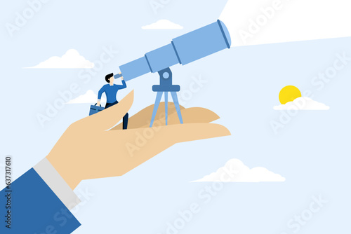 vision concept to see opportunity, support or empowerment for career development, success or opportunity to see the journey ahead, businessman standing on supporting hand looking into telescope.