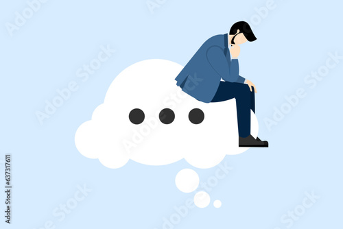 solution thinking concept, critical thinking to solve problem, focus on new ideas, concentration or philosophy, skeptic or rational, wise businessman sitting like thinker on thought bubble.