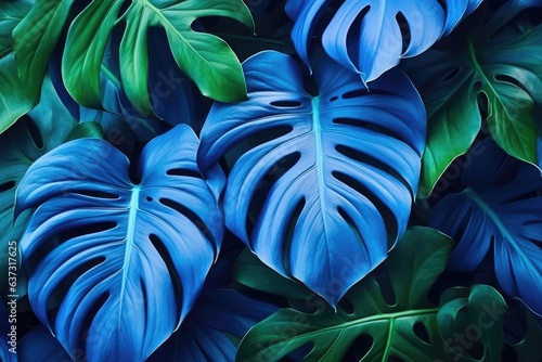 Artistic fluorescent color arrangement made of monstera leaves. Flat lay in bright blues. Nature concept