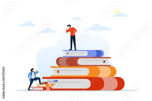 concept of educational inequality, academic degree or institutional bias, imbalance or access to knowledge, school dropout, successful youth over pile of textbooks looking at other people on floor.