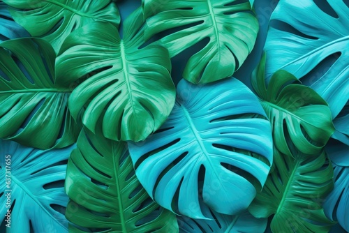 Artistic fluorescent color arrangement made of monstera leaves. Flat lay in bright blues. Nature concept