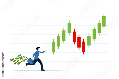 Successful trader concept, Profit from stock market investment or cryptocurrency. Charts, Stock Exchange, Finance, Bitcoin. Businessman follow candlestick or uptrend. Flat vector illustration.