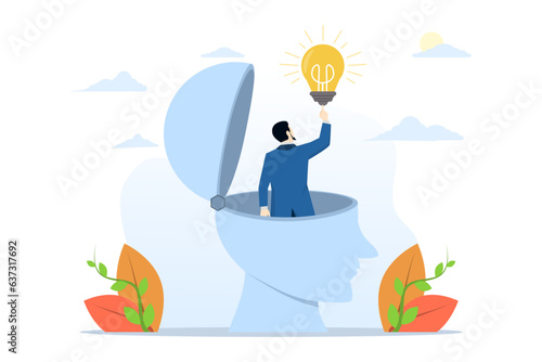 Eureka Moment concept finding new idea or solution to solve problem, business insight, creativity or innovation inspiration, Aha moment, man with eureka moment finding light bulb idea in his head.