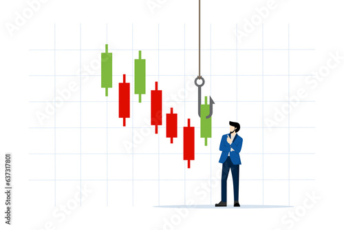 concept of candlestick signals to buy or sell in crypto trading or stock market, analyze data, charts and graphs to make profit, businessman trader analyze green chart with fishing bait.