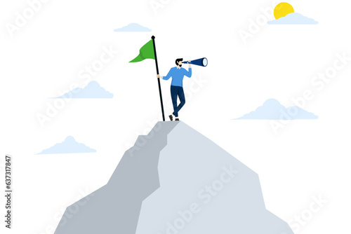 business winning or achievement concept, winner winner or champion looking for next mission goal or target, new vision or challenge, successful entrepreneur on mountain top looking for new challenge.