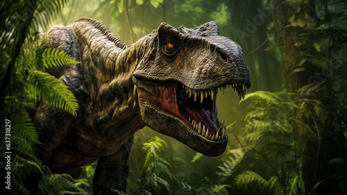 Dinosaurs tyrannosaur rex in the primeval forest  created with generative ai.