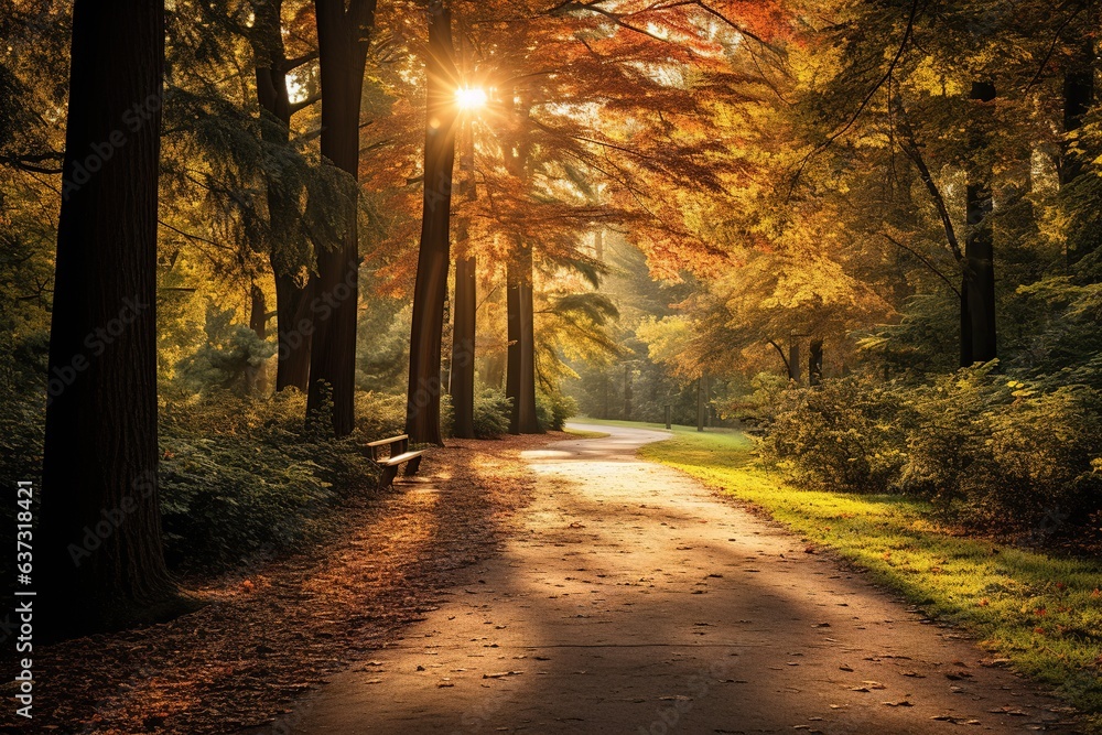 Herbstliche Landschaft im Wald. Sonnenstrahlen im Herbst erleuchten romantisch die Bäume und braunen Blätter. Braunes Laub auf Waldweg.