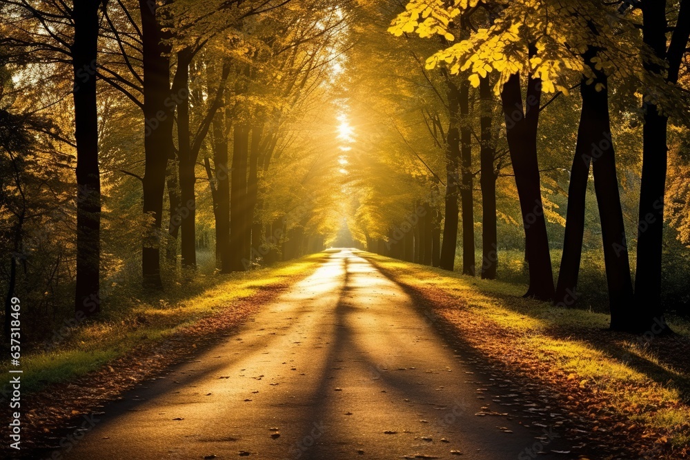 Herbstliche Landschaft im Wald. Sonnenstrahlen im Herbst erleuchten romantisch die Bäume und braunen Blätter. Braunes Laub auf Waldweg.