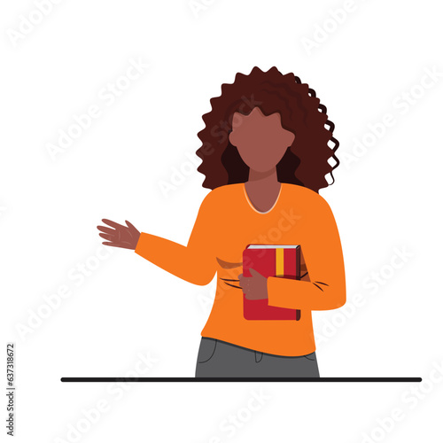 African woman with curly hair holding a red book