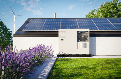 Canvas Print A heat pump with photovoltaic panels installed on the roof of a single-family ho