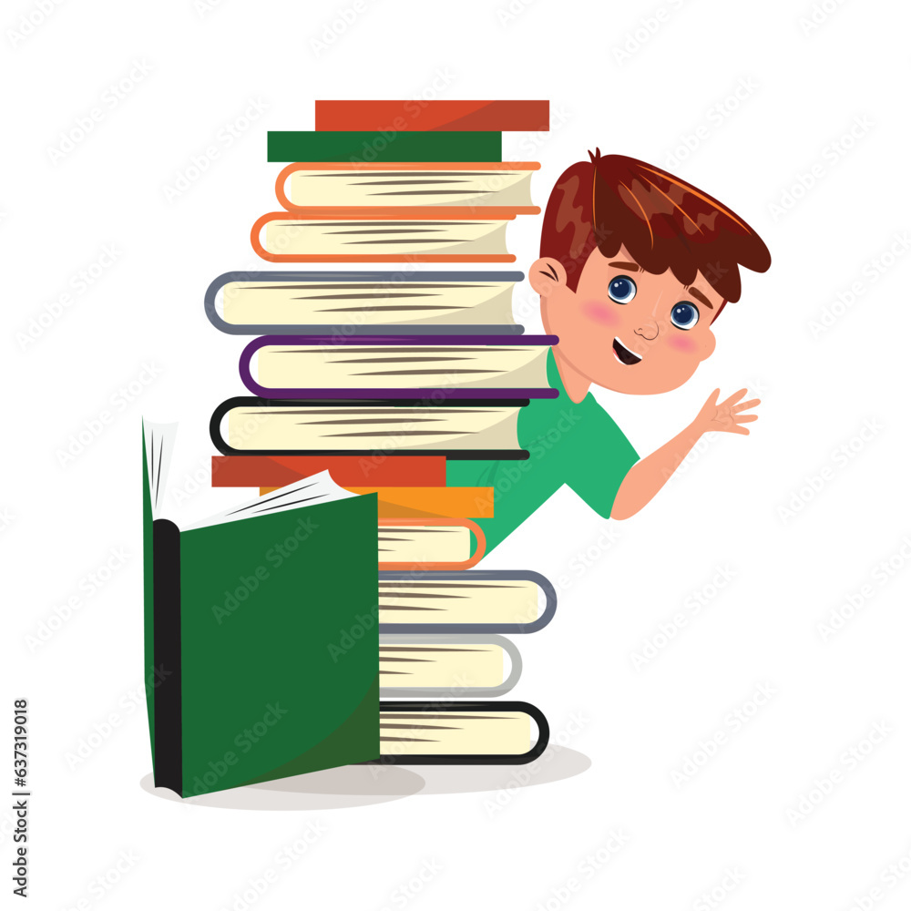 Cute little school boy standing and waving behind the books Cute little school boy standing and waving behind the books
